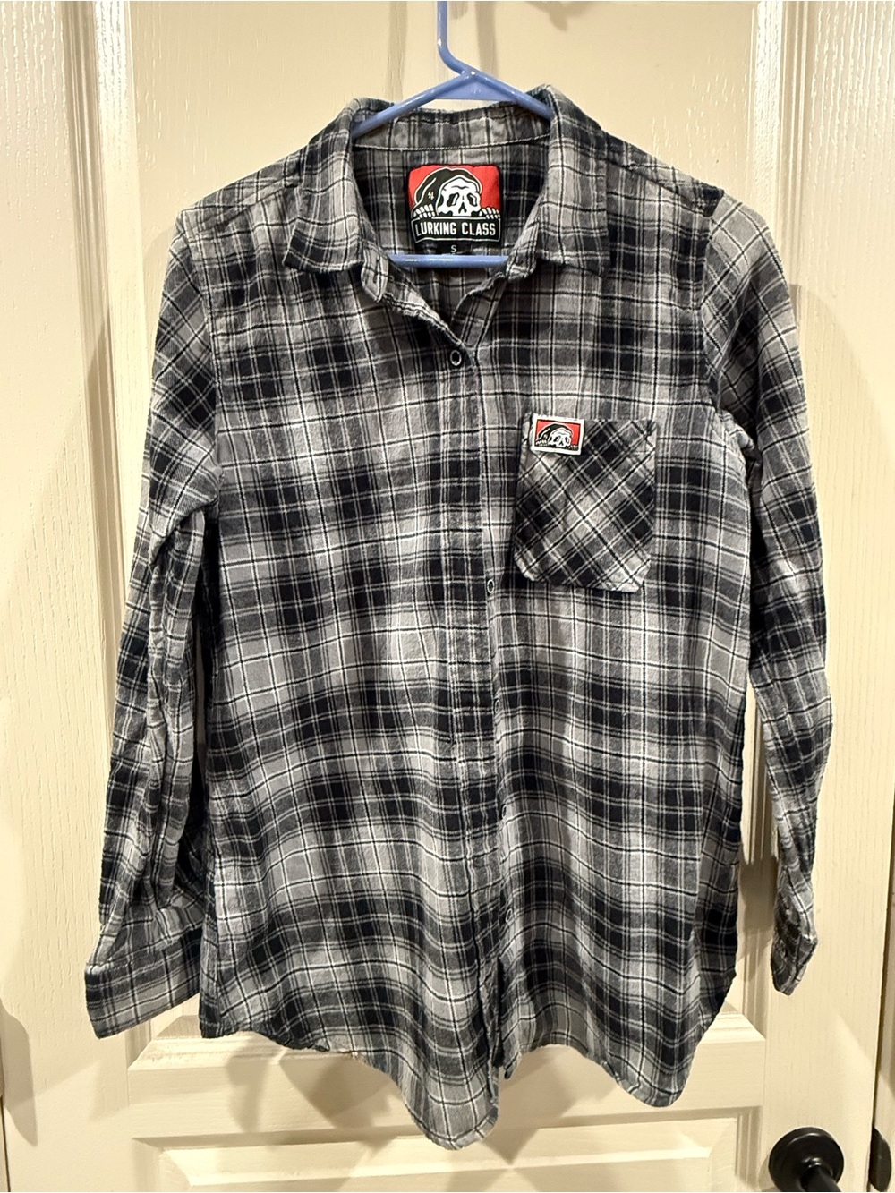 Lurking Class Shirt Womens Size Small Black Gray Plaid Flannel Button Up Casual